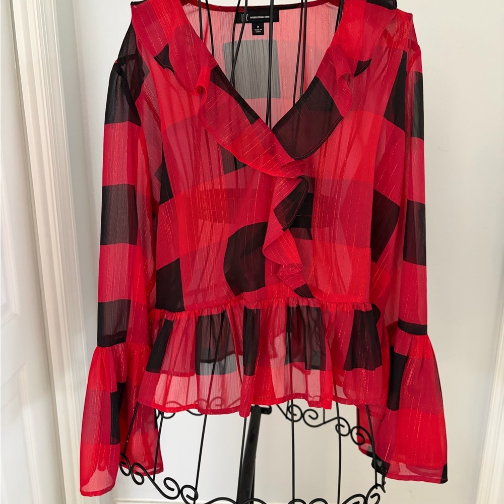 INC International Concepts Red and Black Sheer Ruffle V-Neck Peplum Blouse